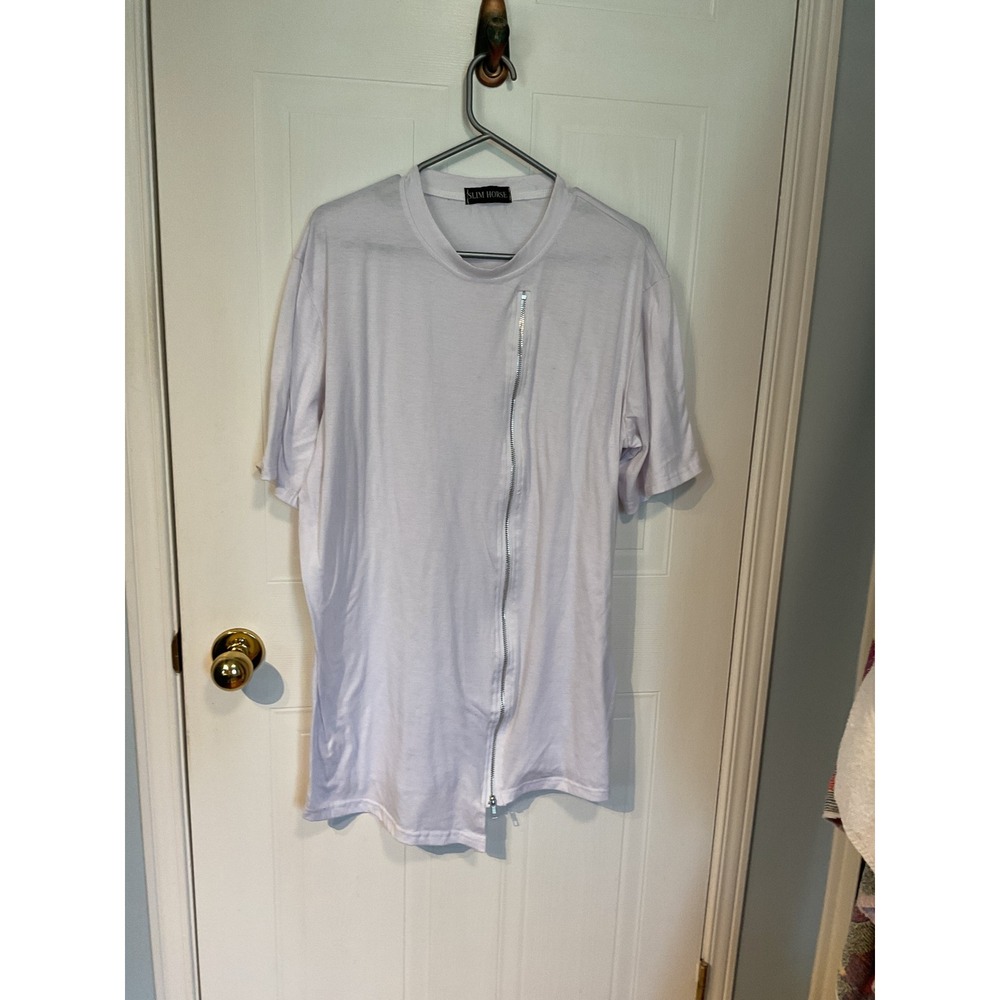 Slim Horse T-Shirt Men L White Excellent Asymmetrical Zip Longline Tee